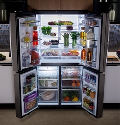 GE Profile 28 Cu. Ft. Smart Fingerprint Resistant Quad-Door Refrigerator with Dual-Dispense AutoFill Pitcher Doors Open