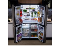 GE Profile 28 Cu. Ft. Smart Fingerprint Resistant Quad-Door Refrigerator with Dual-Dispense AutoFill Pitcher Doors Open