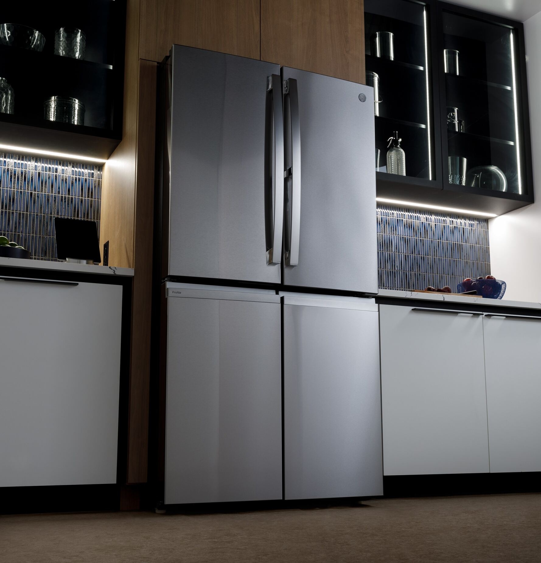 GE Profile 28 Cu. Ft. Smart Fingerprint Resistant Quad-Door Refrigerator with Dual-Dispense AutoFill Pitcher Outside