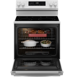 The GE® 30" Slide-In Electric Convection Range with No Preheat Air Fry and EasyWash™ Oven Tray (600 series) cuts down on cooking time and speeds up the clean-up