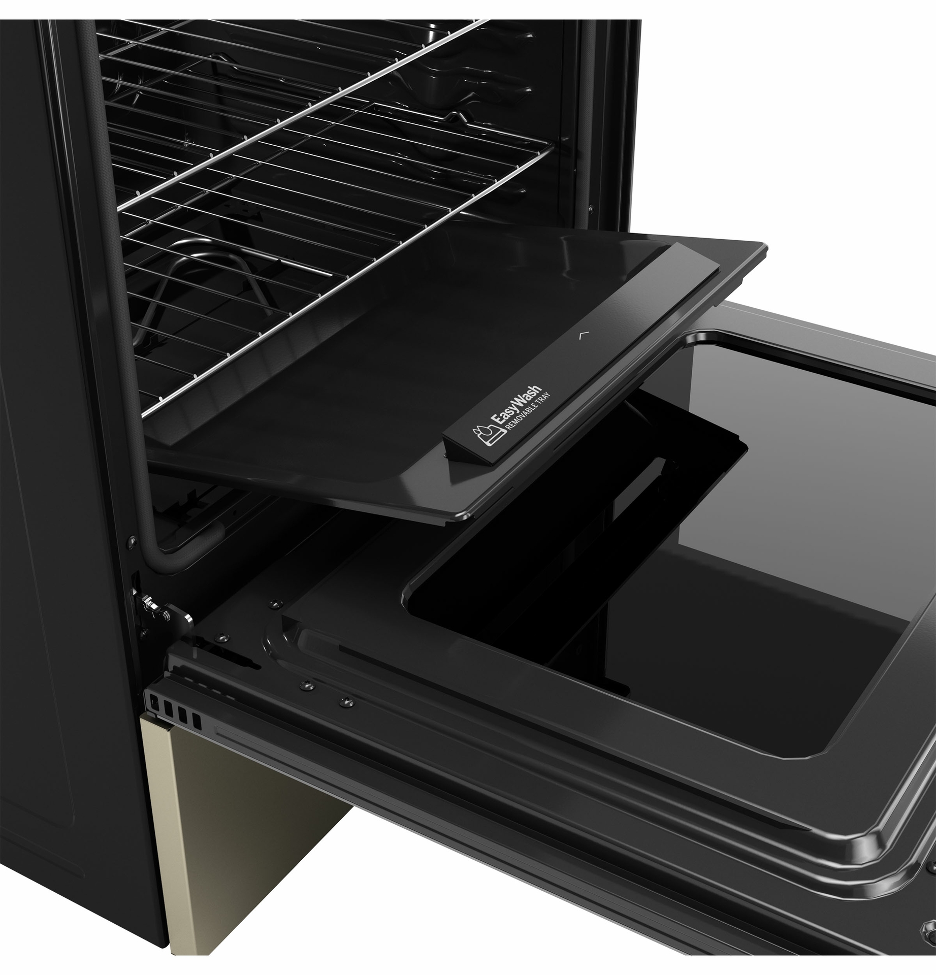 Instead of scrubbing off baked-on food remnants from the oven floor, owners can pop out the enameled, EasyWash™ tray from the bottom of the oven and rinse it off in the sink. It will also fit in any GE Appliances dishwasher