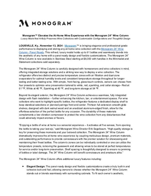 Monogram 24 Wine Column Press Release