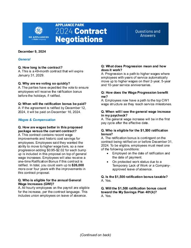 2024 Contract Negotiations Questions and Answers | GE Appliances