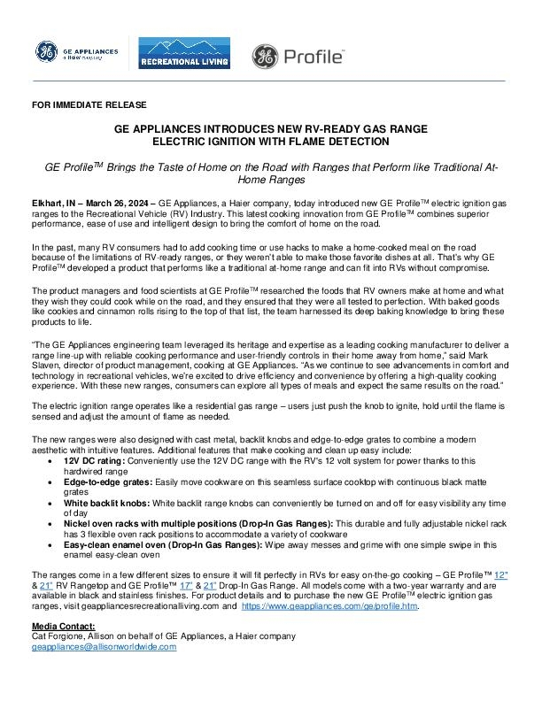 GE Appliances Introduces New RV- Ready Gas Range Electric Ignition with Flame Detection
