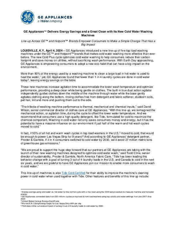 GE Appliances Delivers Energy Savings and a Great Clean with Its New Cold Water Washing Machines