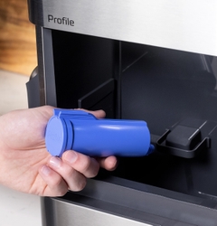 An innovative, new scale-inhibiting water filter that reduces the solidification of scale within the GE Profile Opal ice maker.
