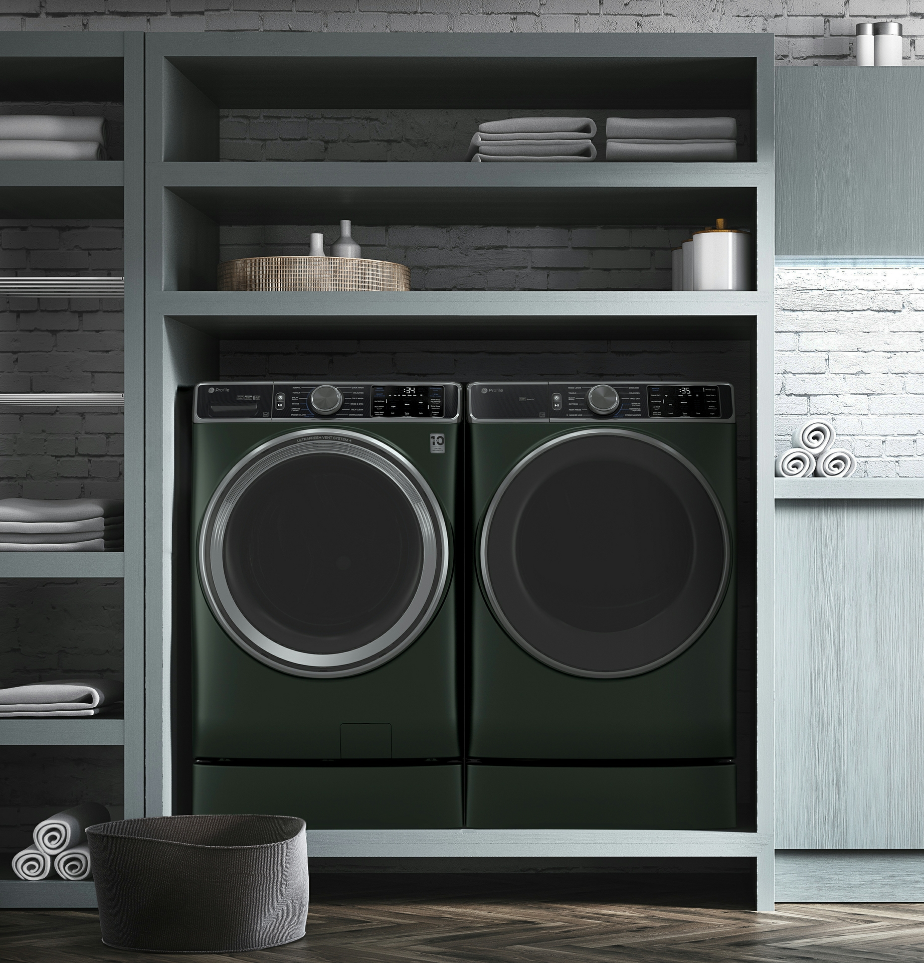Available in Jade Green the GE Profile 955 Series Front Load brings a pop of color to the laundry room