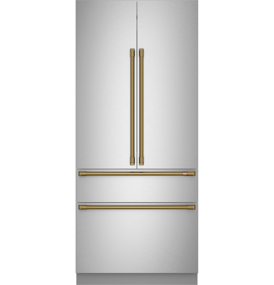 For a seamless appearance, the CAFÉ 36” Integrated French-Door Refrigerator has a true flush inset installation and hidden articulating hinges.