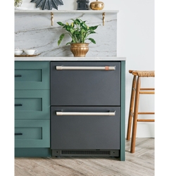 CAFÉ Built-In Dual-Drawer Refrigerator features a stainless-steel interior & soft-close drawers.