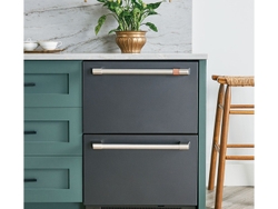 CAFÉ Built-In Dual-Drawer Refrigerator features a stainless-steel interior & soft-close drawers.