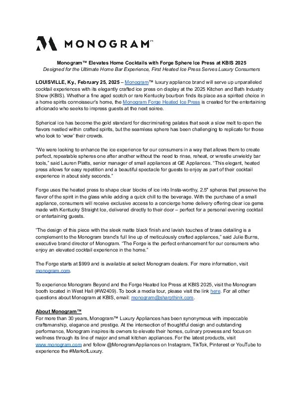 KBIS 2025 Monogram Forge Heated Ice Press Release