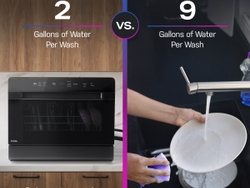 Using just two gallons of water per wash, the GE™ Profile Smart Compact Dishwasher reduces water usage by over 75% compared to handwashing. Using just two gallons of water per wash, the GE™ Profile Smart Compact Dishwasher reduces water usage by over 75% compared to handwashing.