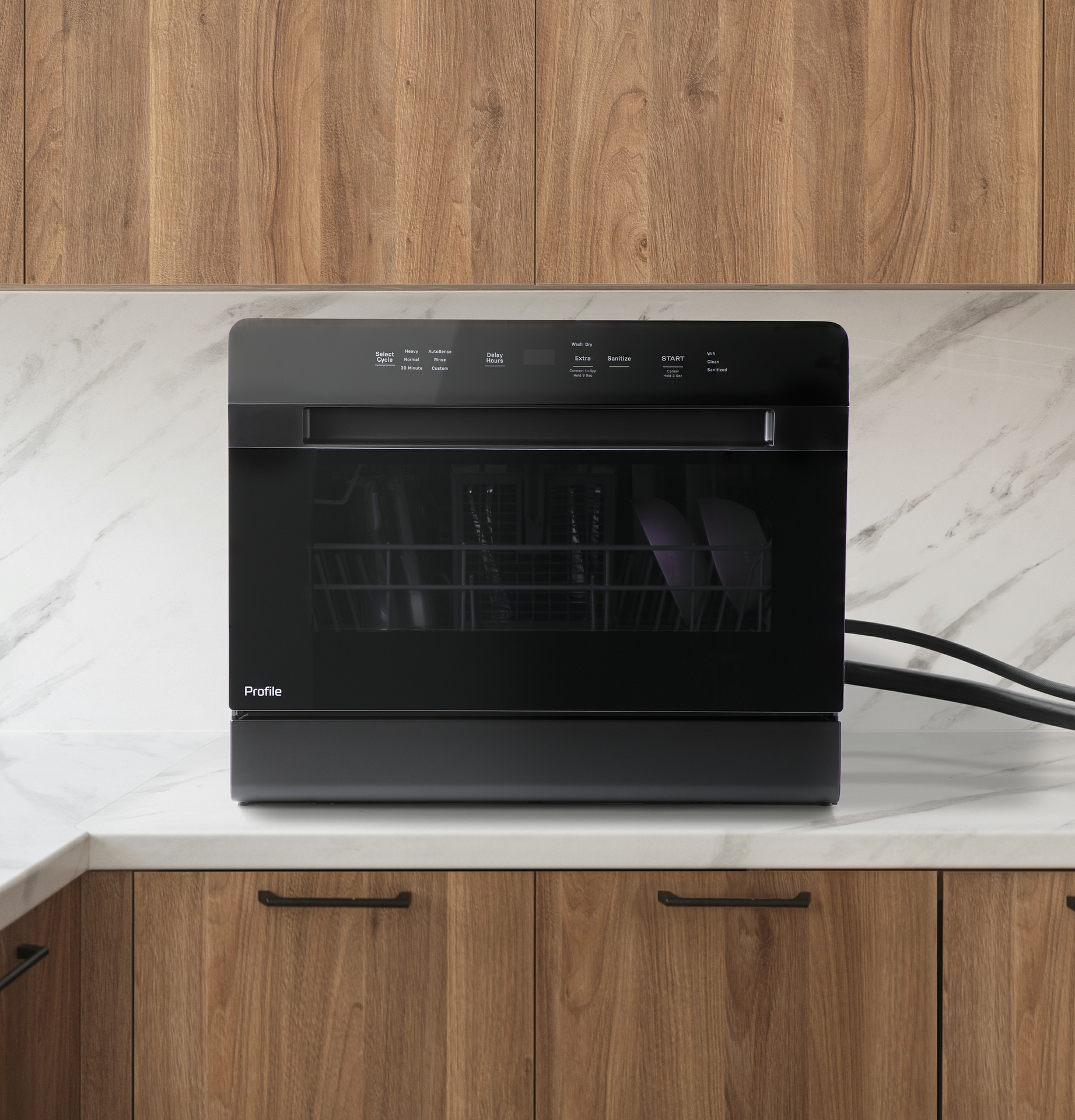 For the countertop configuration, the GE Profile™ Smart Compact Dishwasher doesn't sacrifice storage and can be attached to a faucet and drain into the sink. 