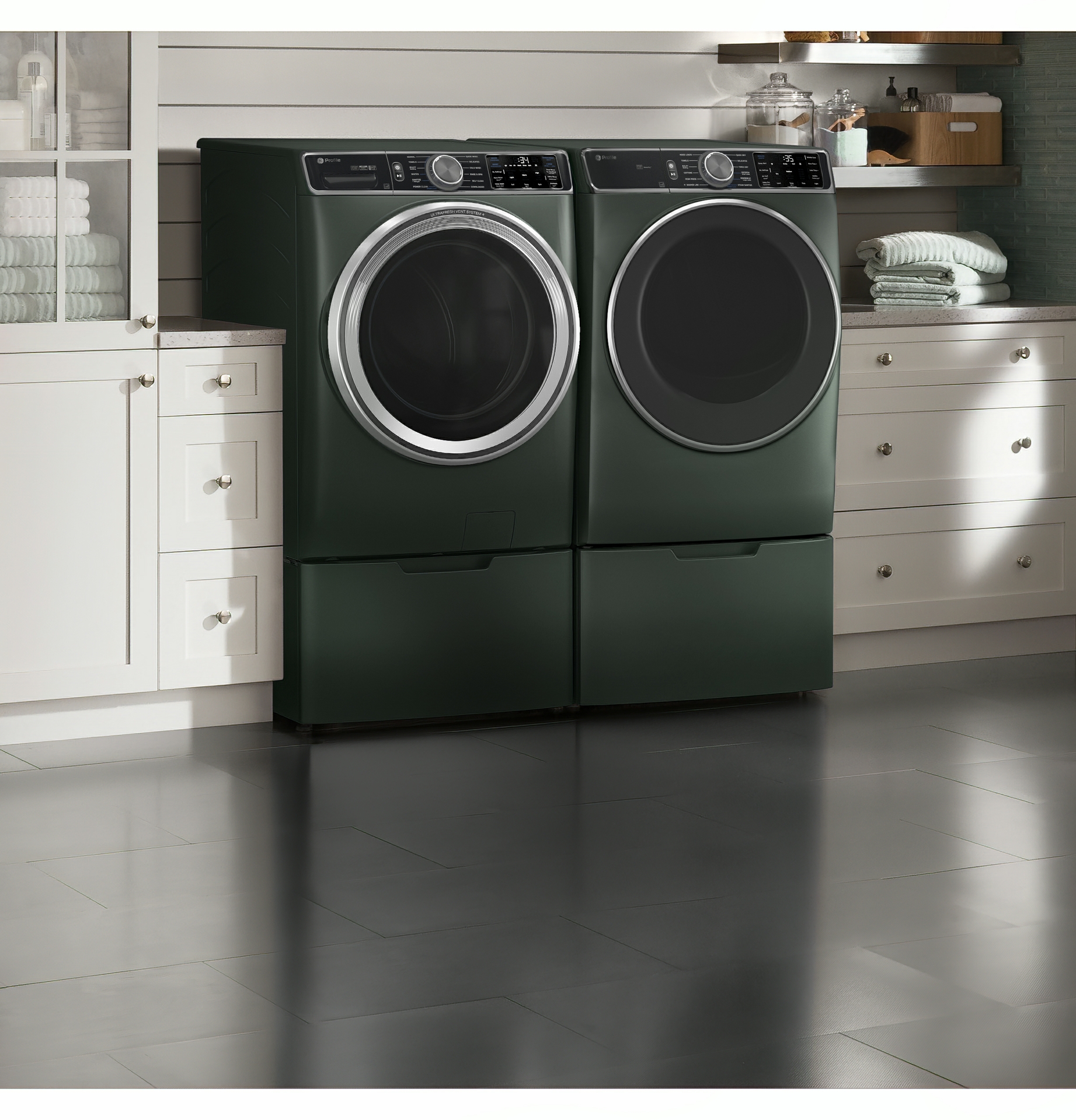 The GE Profile™ 5.5 cu. ft. Capacity Smart Front Load ENERGY STAR® Steam Washer with UltraFresh Vent System includes sensors that detect the humidity levels and allow the machine to know once the drum is dry. 