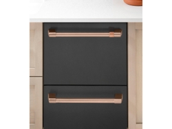 Available in the multiple finishes and outfitted with custom hardware, the CAFÉ Dishwasher Double Drawer is a stylish addition to any home.