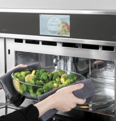 Pre-programmed 175 menu selections are available, shown on this GE Profile Single Wall Oven with Advantium Technology. 