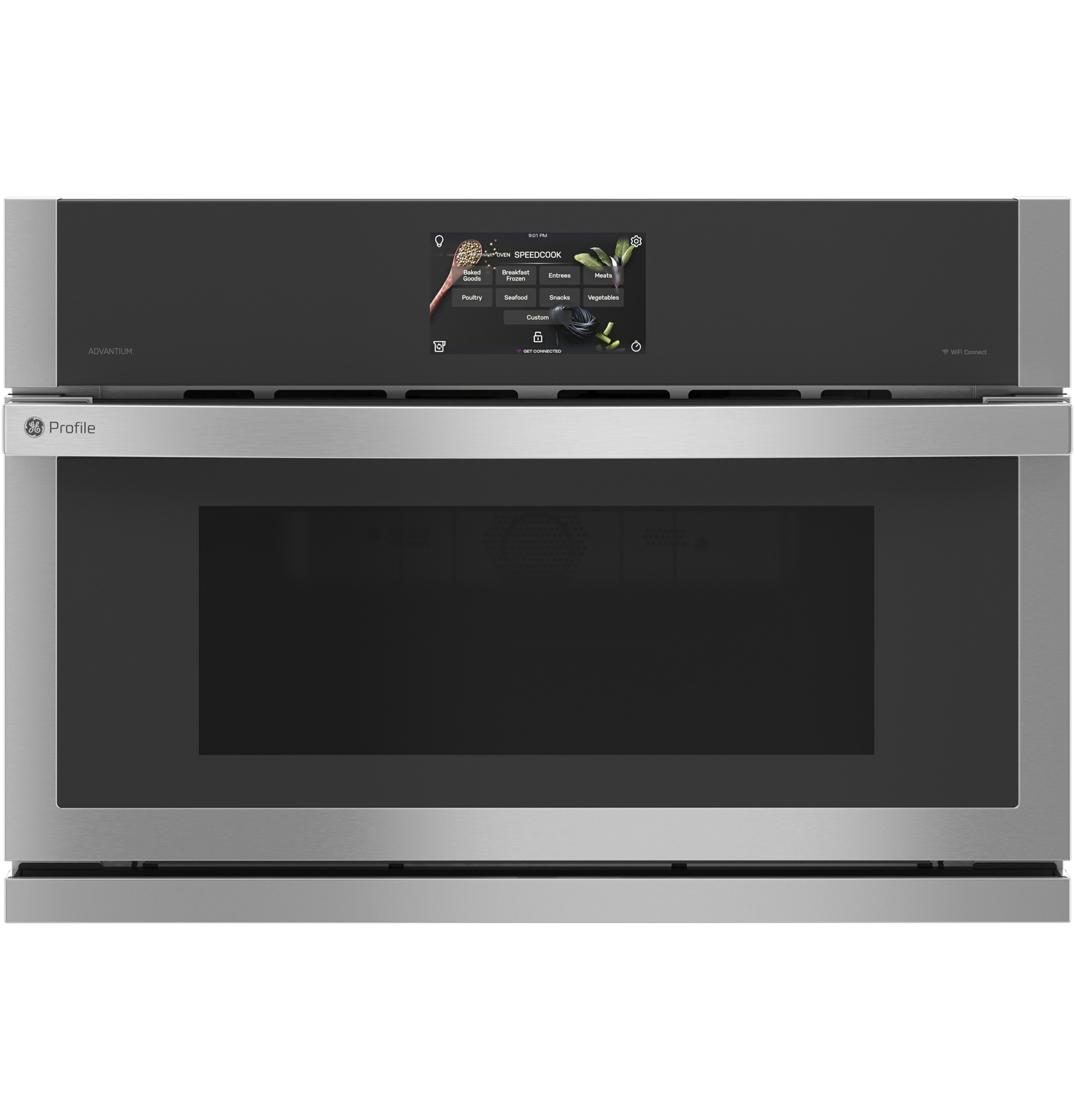 The GE Profile Single Wall Oven with Advantium Technology offers a new appearance along with innovative features.