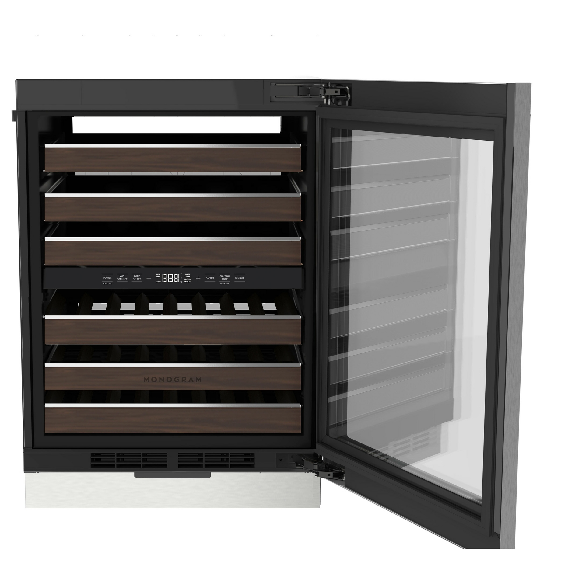 Monogram Undercounter Wine Reserve features an elegant interior with backlit LED lighting