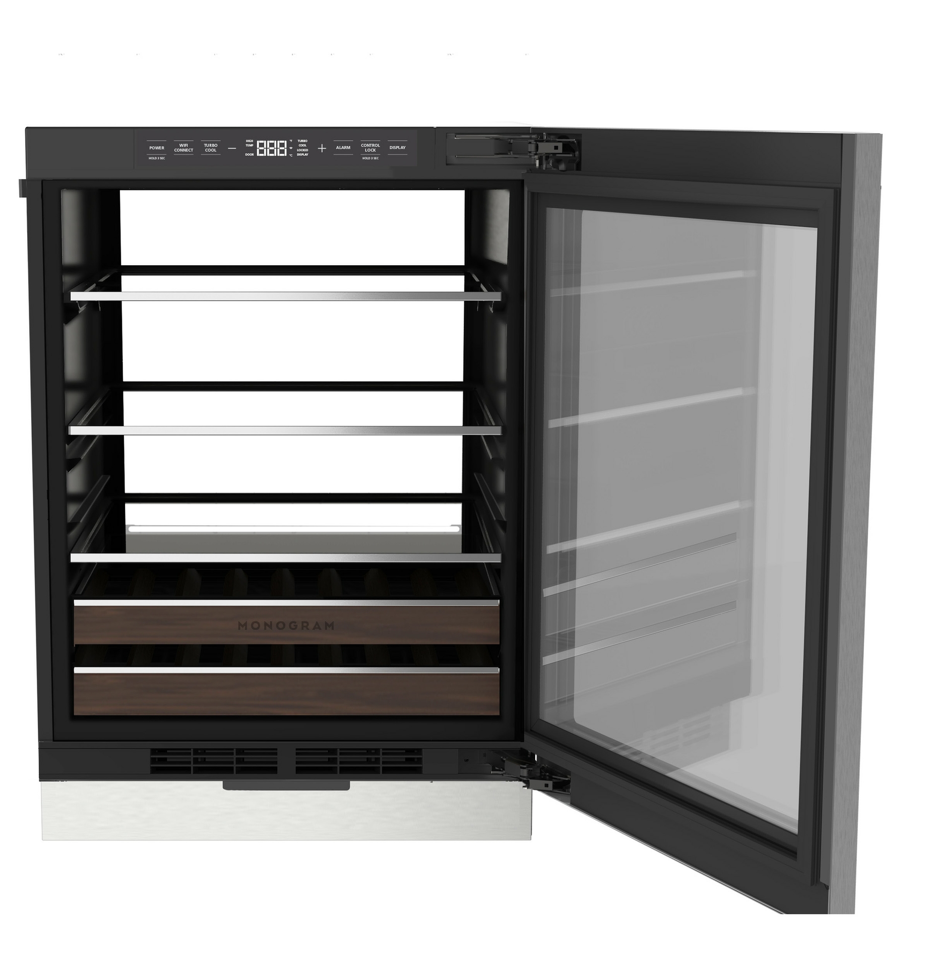 Monogram Undercounter Beverage Center features an elegant interior with backlit LED lighting