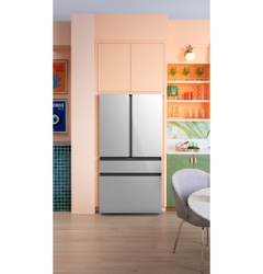 CAFÉ Smart Counter-Depth Quad-Door Refrigerator in Platinum Glass features a seamless built-in look.