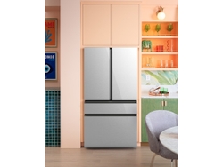 CAFÉ Smart Counter-Depth Quad-Door Refrigerator in Platinum Glass features a seamless built-in look.