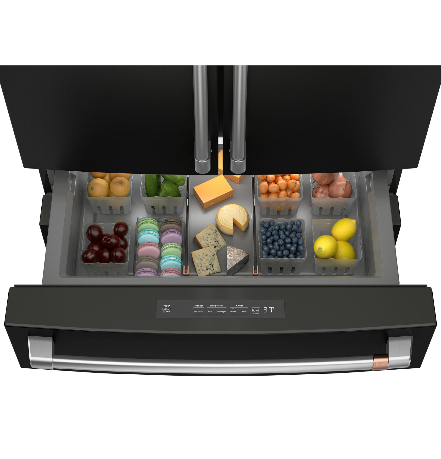 Convertible drawer offers endless flexibility on the CAFÉ Four-Door Refrigerator, now available in counter-depth. 