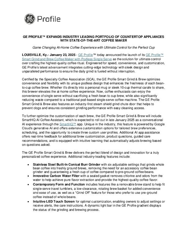 GE PROFILE EXPANDS INDUSTRY LEADING PORTFOLIO OF COUNTERTOP APPLIANCES WITH STATE-OF-THE-ART COFFEE MAKER