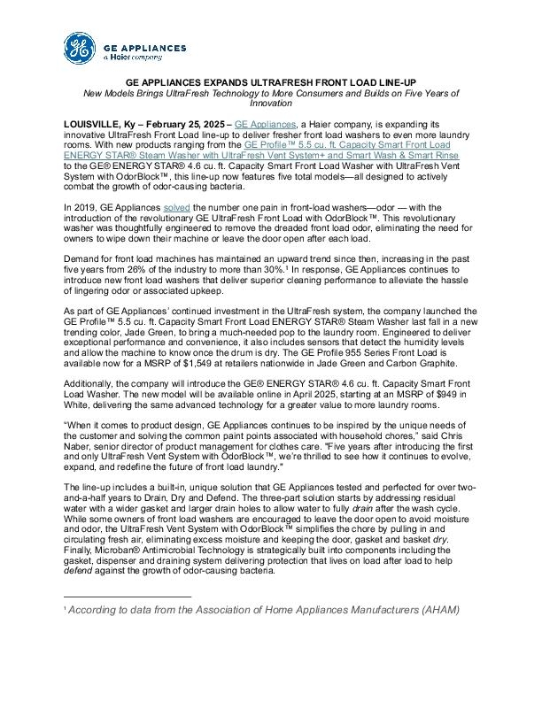 GE APPLIANCES EXPANDS ULTRAFRESH FRONT LOAD LINE-UP
