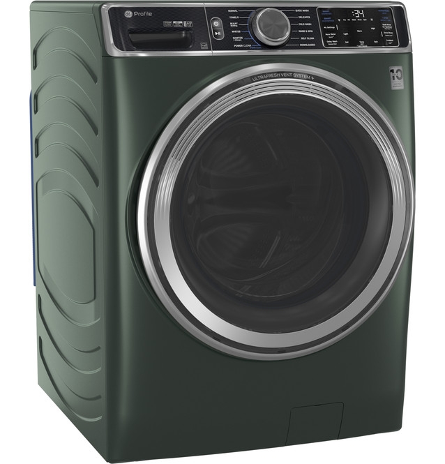 The GE Profile™ 5.5 cu. ft. Capacity Smart Front Load ENERGY STAR® Steam Washer with UltraFresh Vent System Jade Green delivers performance & convenience.