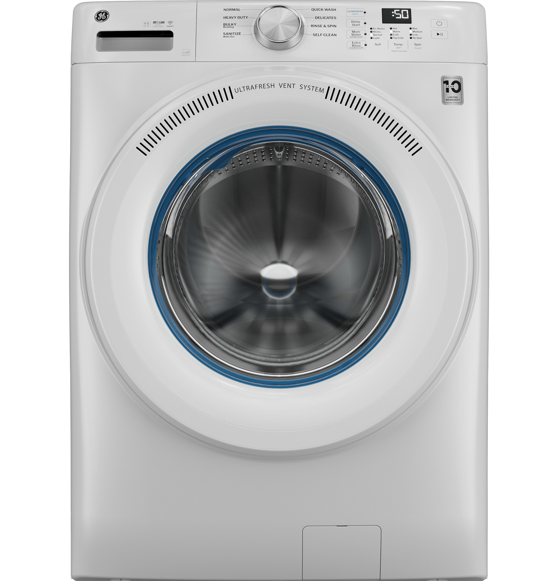 The NEW GE® ENERGY STAR® 4.6 cu. ft. Capacity Smart Front Load Washer with UltraFresh Vent System.  