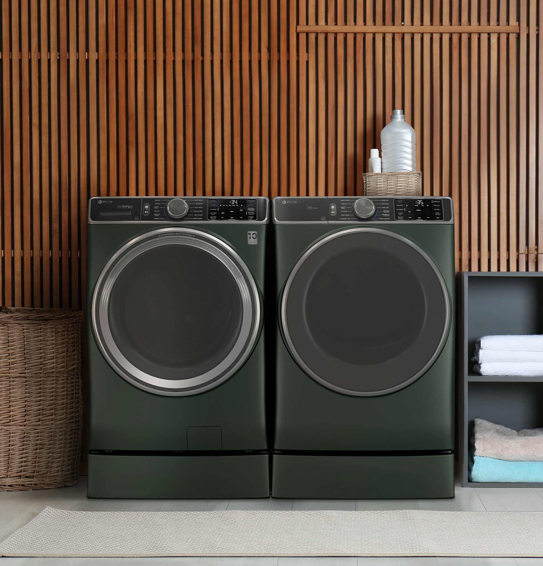 Available in Jade Green, the GE Profile™ 5.5 cu. ft. Capacity Smart Front Load ENERGY STAR® Steam Washer with UltraFresh Vent System brings a pop of color to the laundry room.