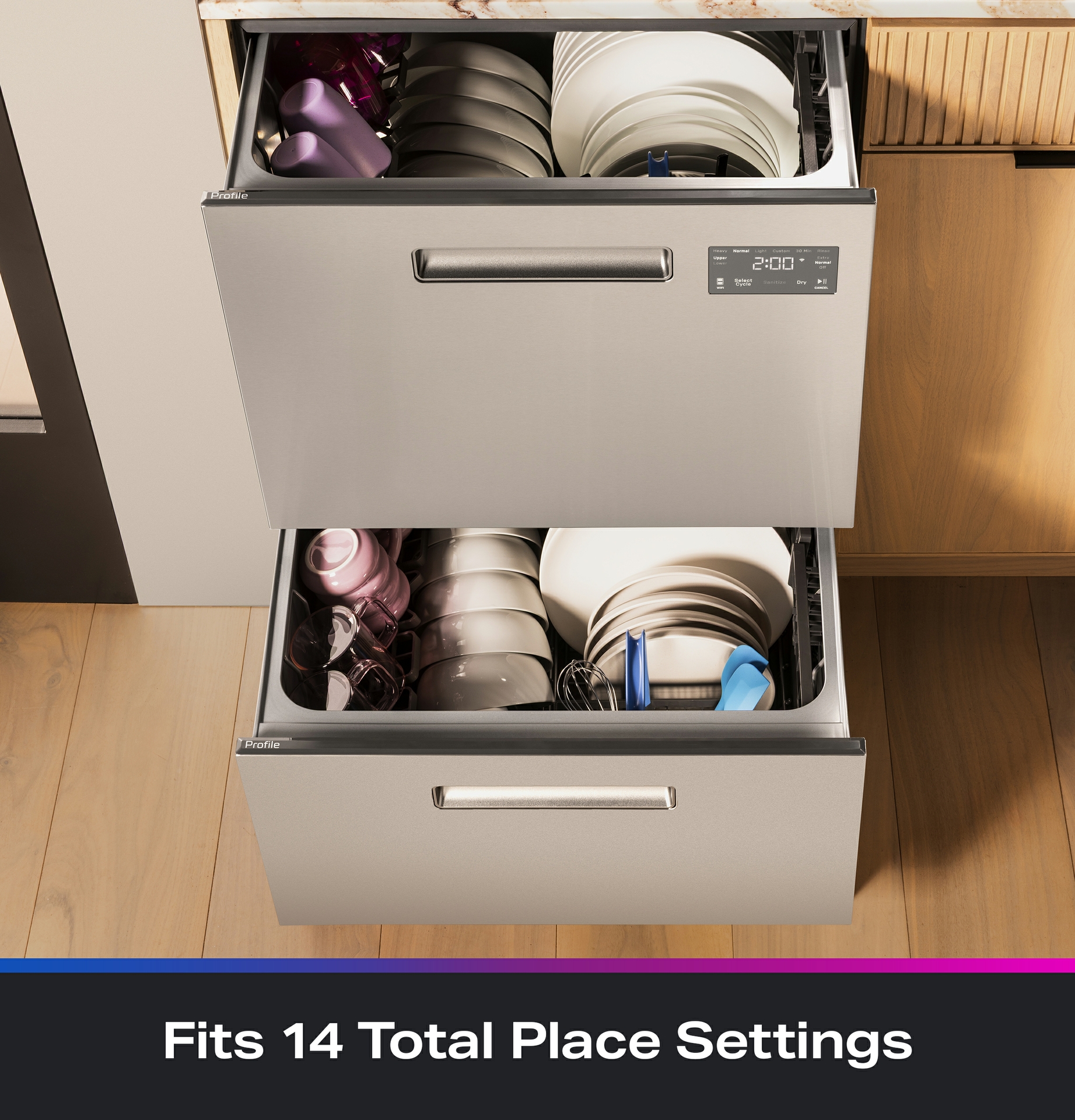 The GE Profile™ Dishwasher Double Drawer can fit up to 14 place settings.