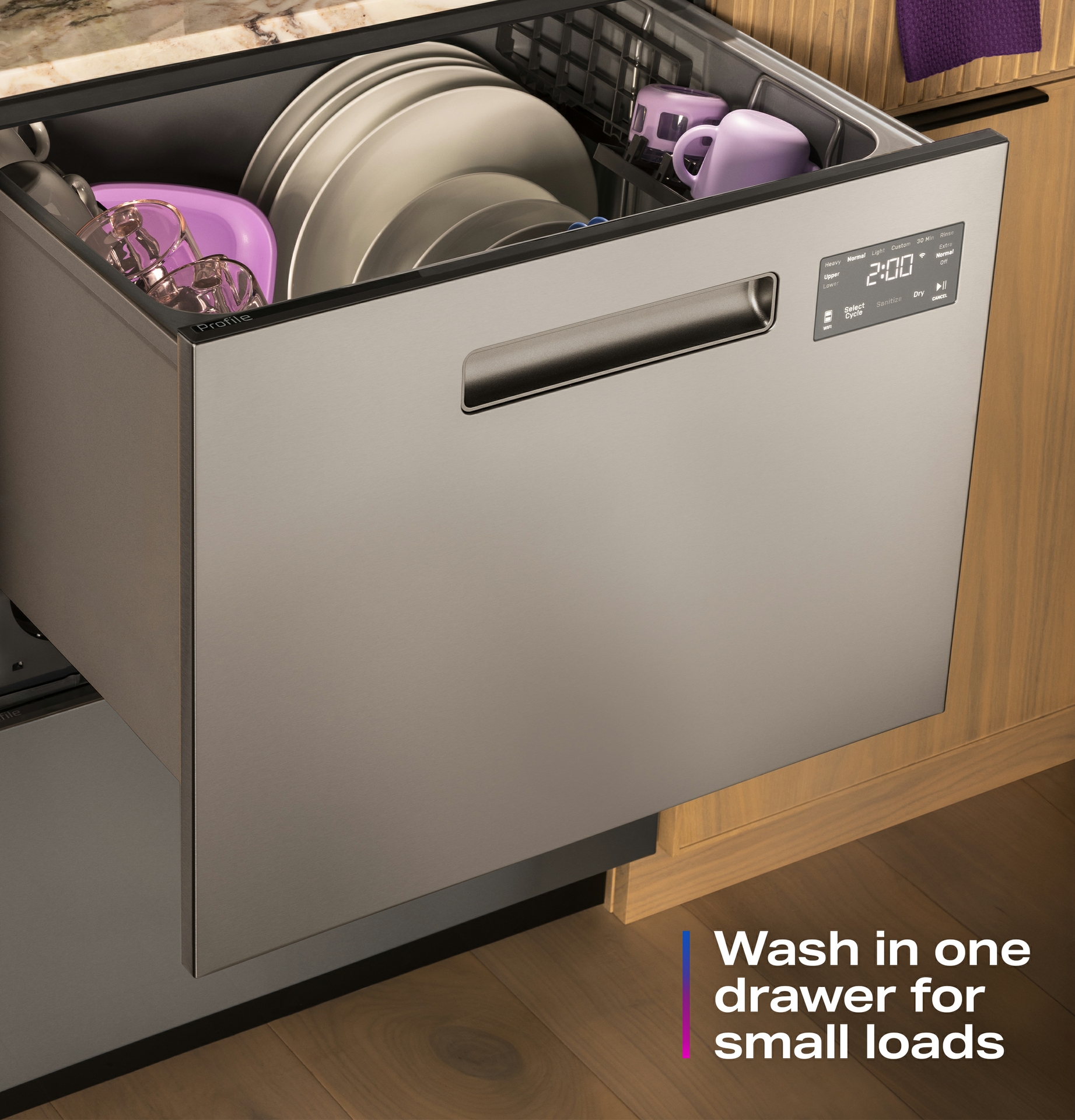 WIth the GE Profile™ Dishwasher Double Drawer, owners can run a single drawer for a quick rinse.