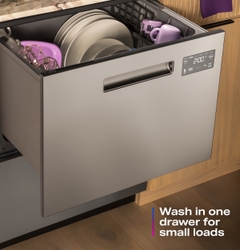 WIth the GE Profile™ Dishwasher Double Drawer, owners can run a single drawer for a quick rinse.