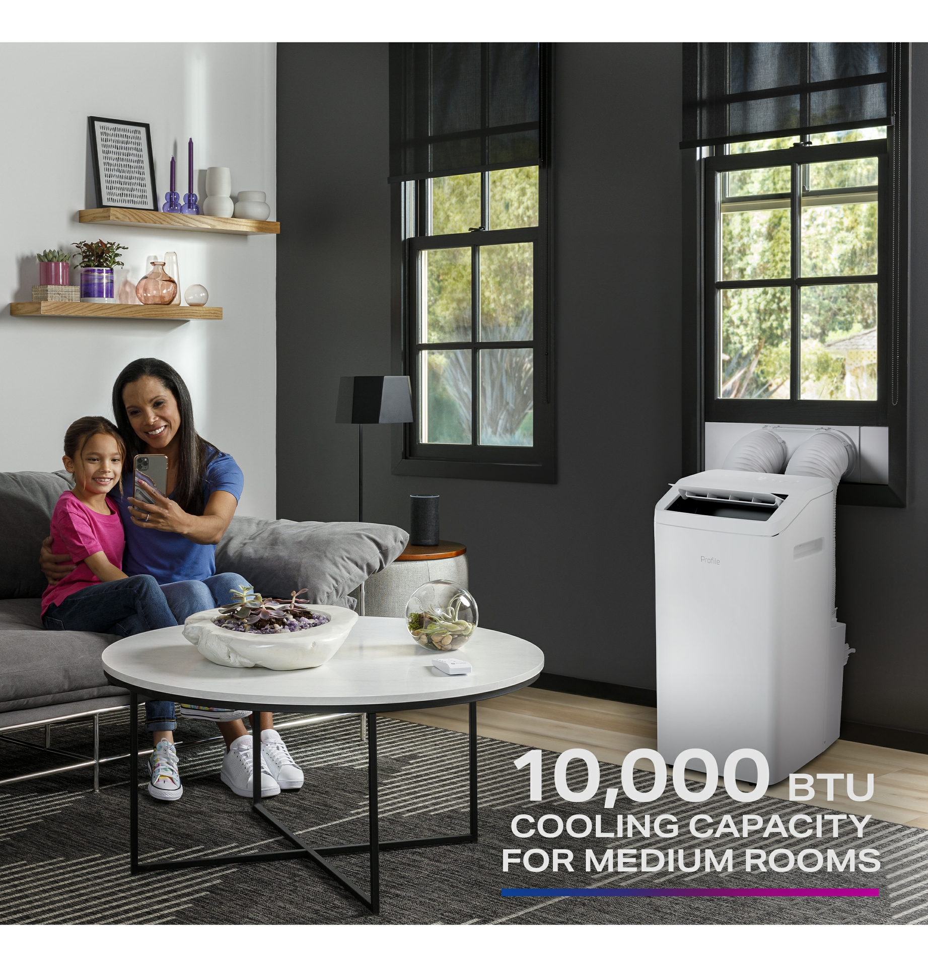 Available in 10,000 BTU the GE Profile™ Dual-Hose, Inverter Portable AC efficiently cools medium-sized rooms up to 450 square feet.