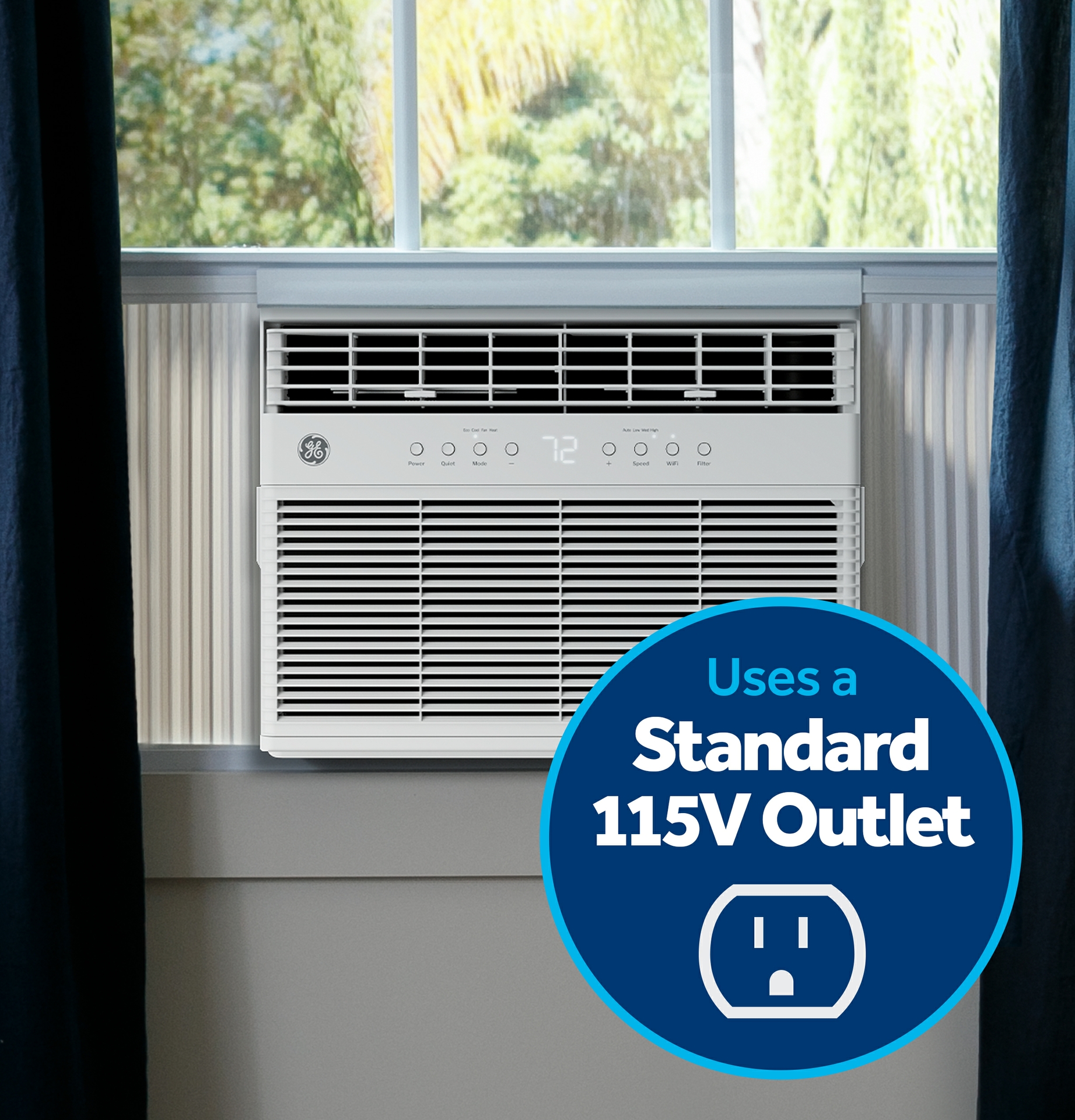 Equipped with a standard 115-volt outlet, the GE® Smart Heat/Cool Window AC provides greater installation flexibility and compatibility. 
