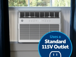 Equipped with a standard 115-volt outlet, the GE® Smart Heat/Cool Window AC provides greater installation flexibility and compatibility. Equipped with a standard 115-volt outlet, the GE® Smart Heat/Cool Window AC provides greater installation flexibility and compatibility.