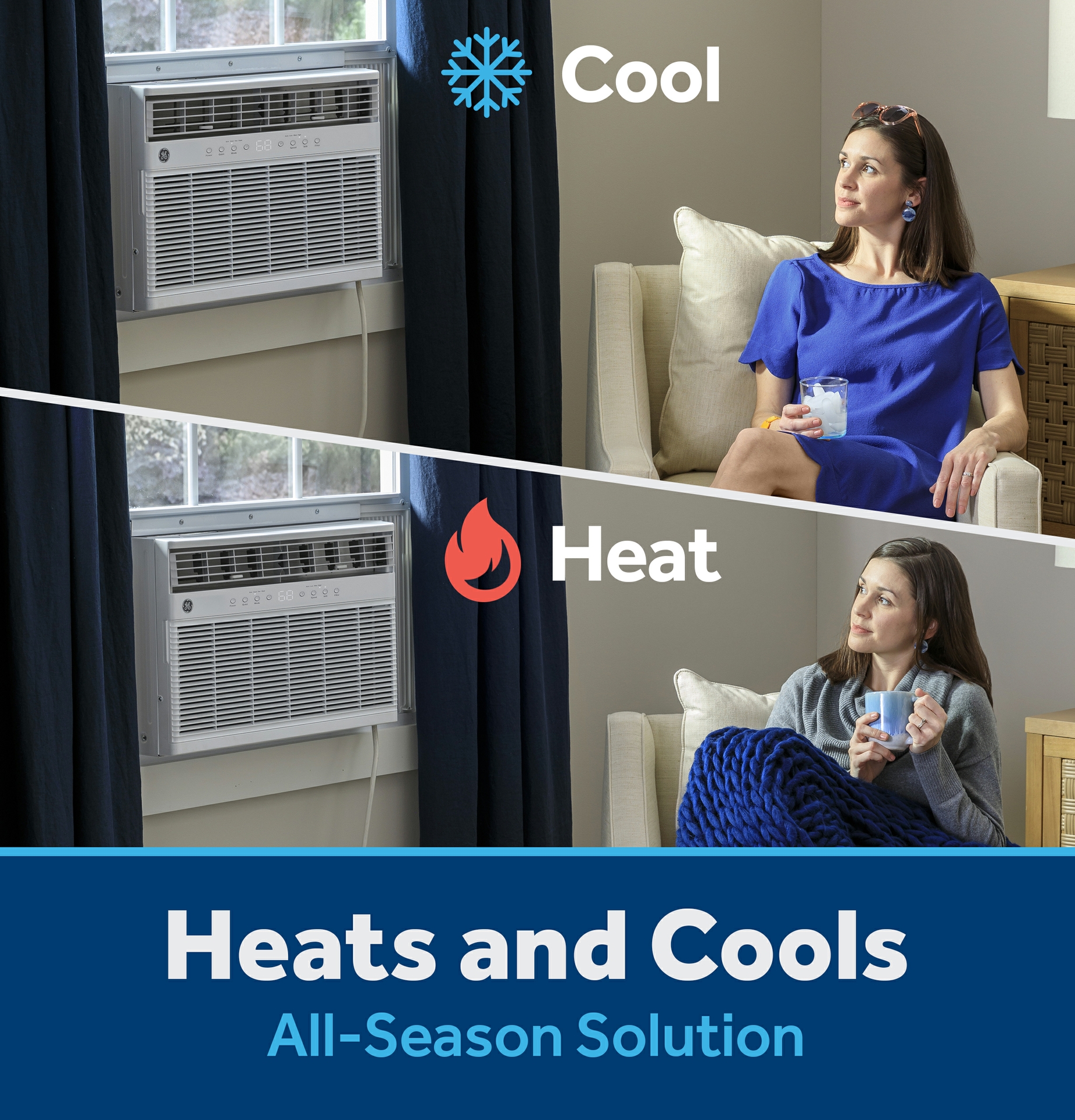 With three cooling modes, three heating modes, and three fan speeds, the latest iteration of the GE® Smart Heat/Cool Window AC provides personalized comfort year-round.