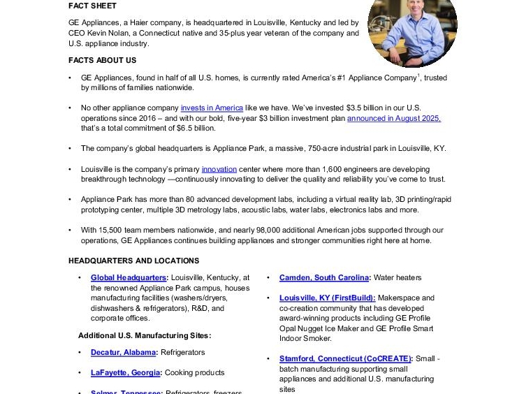 GE Appliances Business Fact Sheet