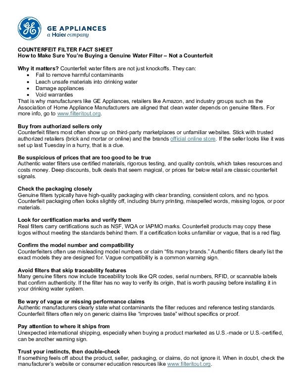 Fact Sheet - Counterfeit Water Filters