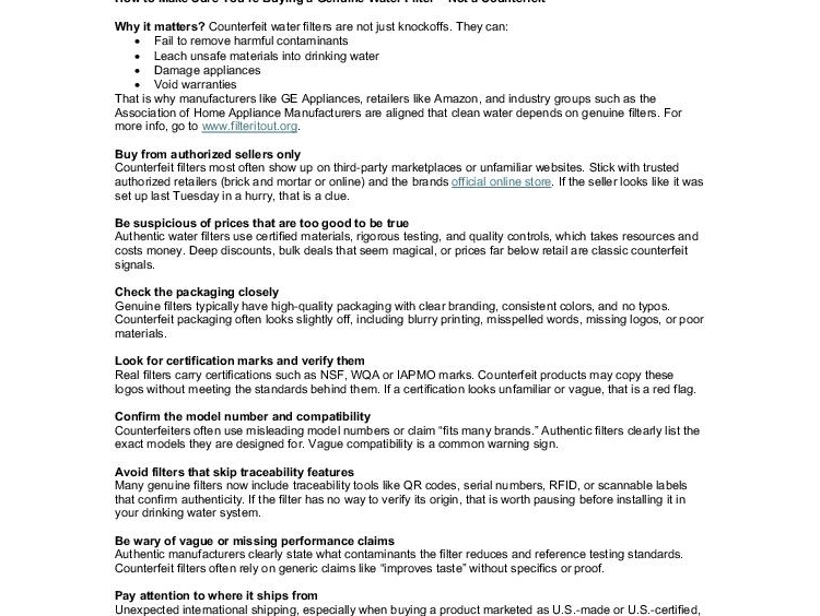 Fact Sheet - Counterfeit Water Filters