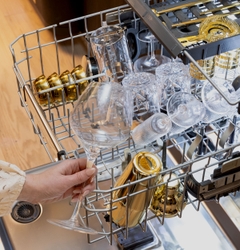 The Monogram™ Dishwasher’s Crystal Cycle gently cleans delicate glassware, delivering spotless shine with the care fine stemware deserves.