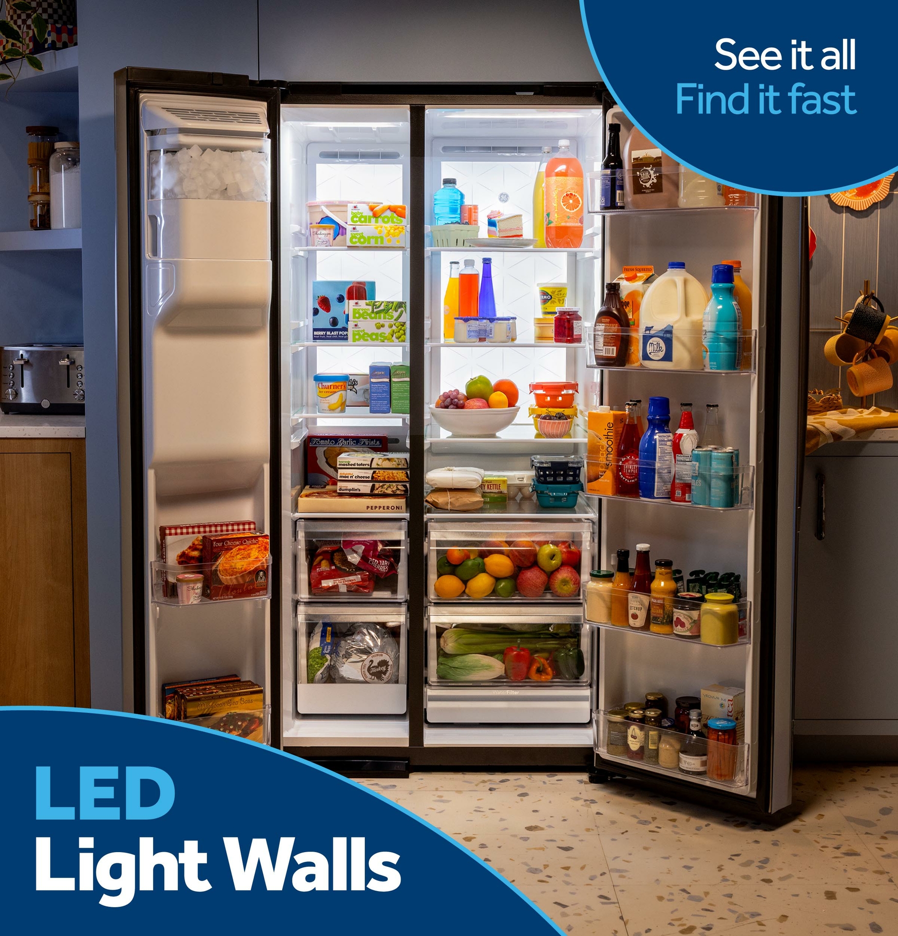 GE Appliances new side-by-side refrigerator lineup is designed with full-panel LED light walls to illuminate every corner of the refrigerator and freezer.