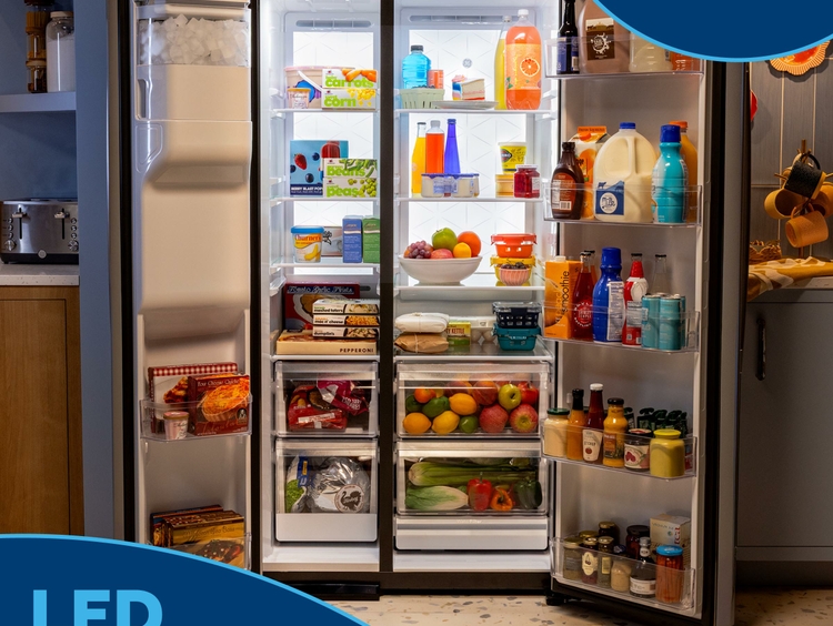 GE Appliances new side-by-side refrigerator lineup is designed with full-panel LED light walls to illuminate every corner of the refrigerator and freezer.