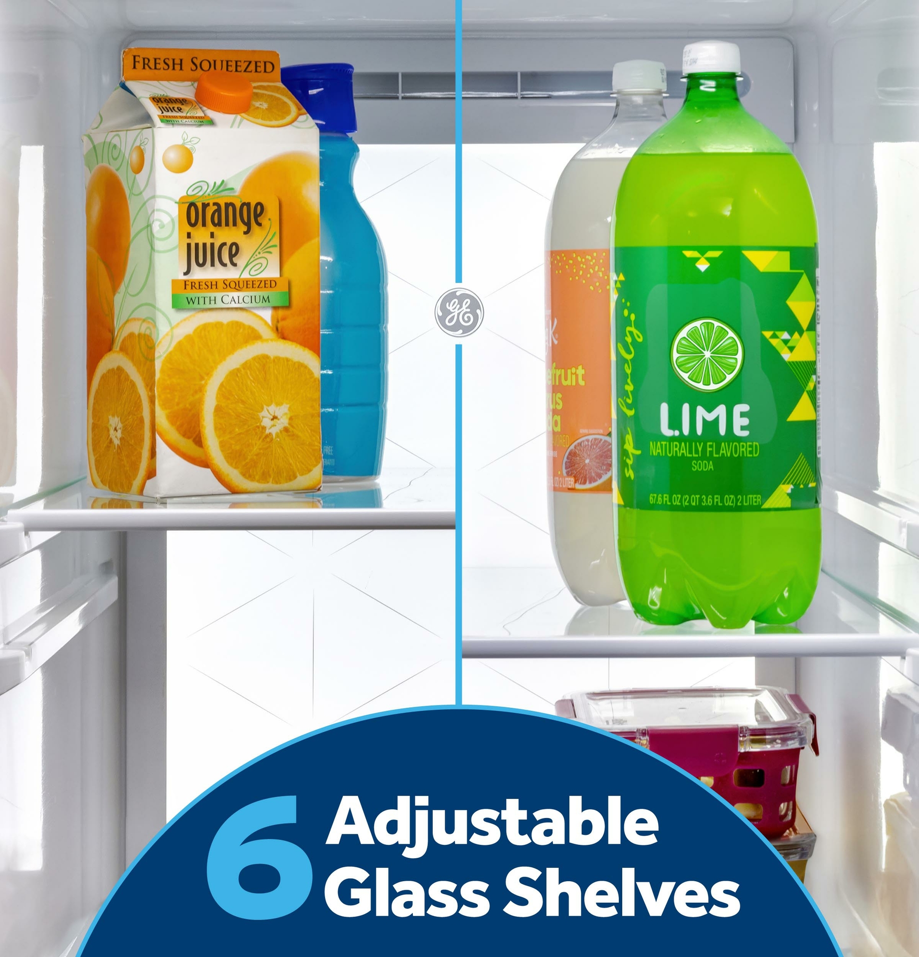 GE Appliances new side-by-side refrigerator lineup features adjustable glass shelves, offering customizable storage to accommodate changing needs and provide adaptable organization.