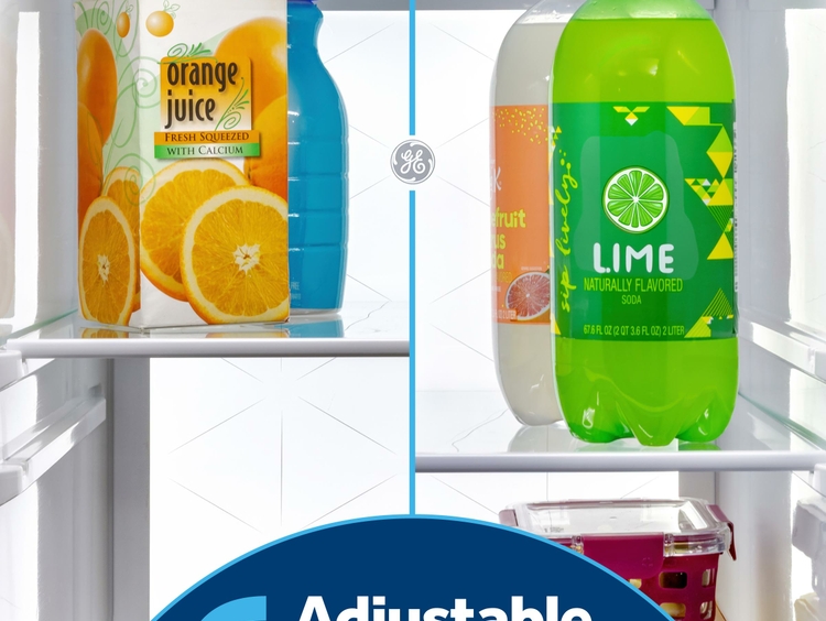 GE Appliances new side-by-side refrigerator lineup features adjustable glass shelves, offering customizable storage to accommodate changing needs and provide adaptable organization.