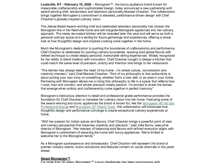 Monogram Chef Maneet Chauhan Press Release