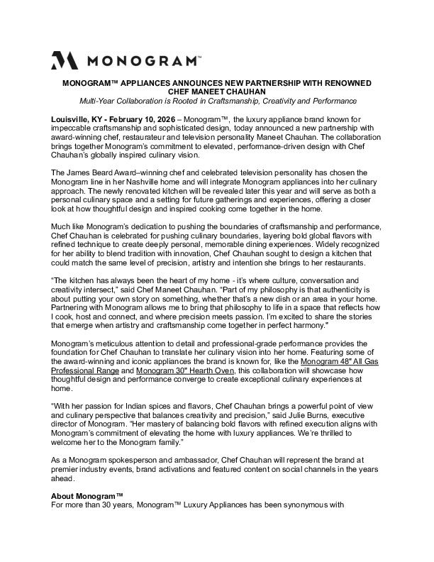 MONOGRAM APPLIANCES ANNOUNCES NEW PARTNERSHIP WITH RENOWNED CHEF MANEET CHAUHAN 