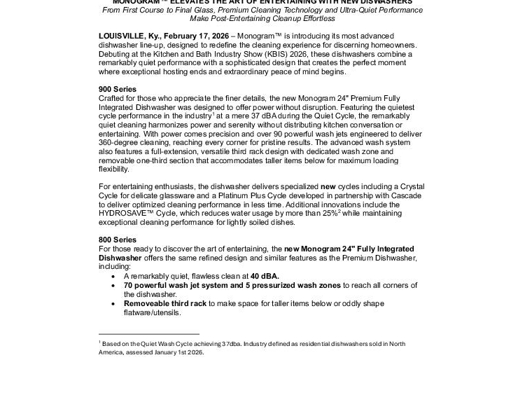 MONOGRAM ELEVATES THE ART OF ENTERTAINING WITH NEW DISHWASHER LINE-UP
