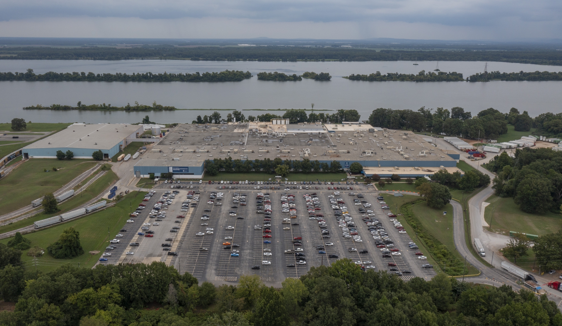 Arial drone shot of GE Appliances upgraded Decatur Production Operation DPO in Alabama featuring a new on-site healthcare clinic free for its employees and families.